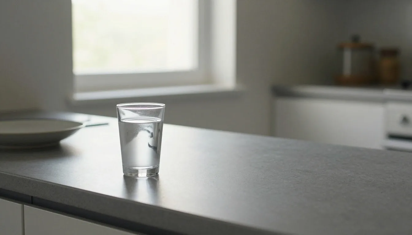 A glass of water and the edge of a plate on a cool kitchen surface, photographed in morning light
