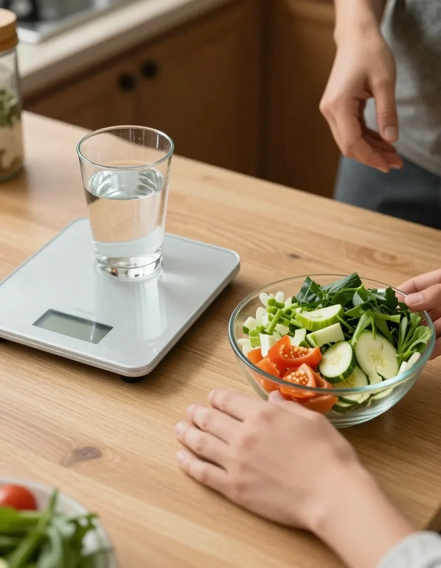 A kitchen counter with a scale, a glass of water and a bowl of chopped vegetables during a nutrition consultation at home