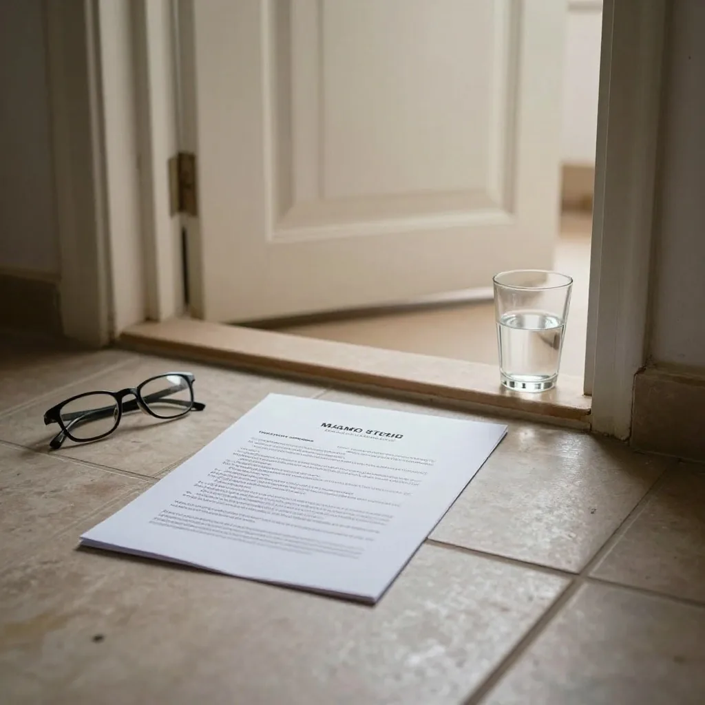 A closed consultation folder beside reading glasses and a glass of water on a desk